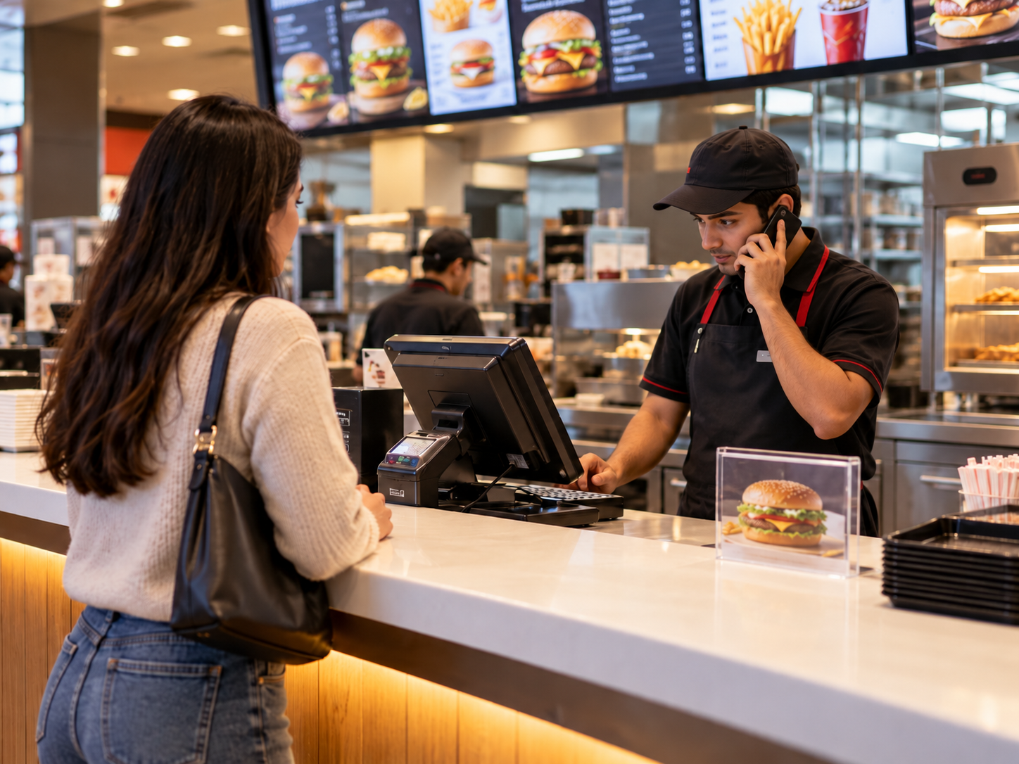 Restaurant service counter staff on phone while customer waits — AI staff activity monitoring