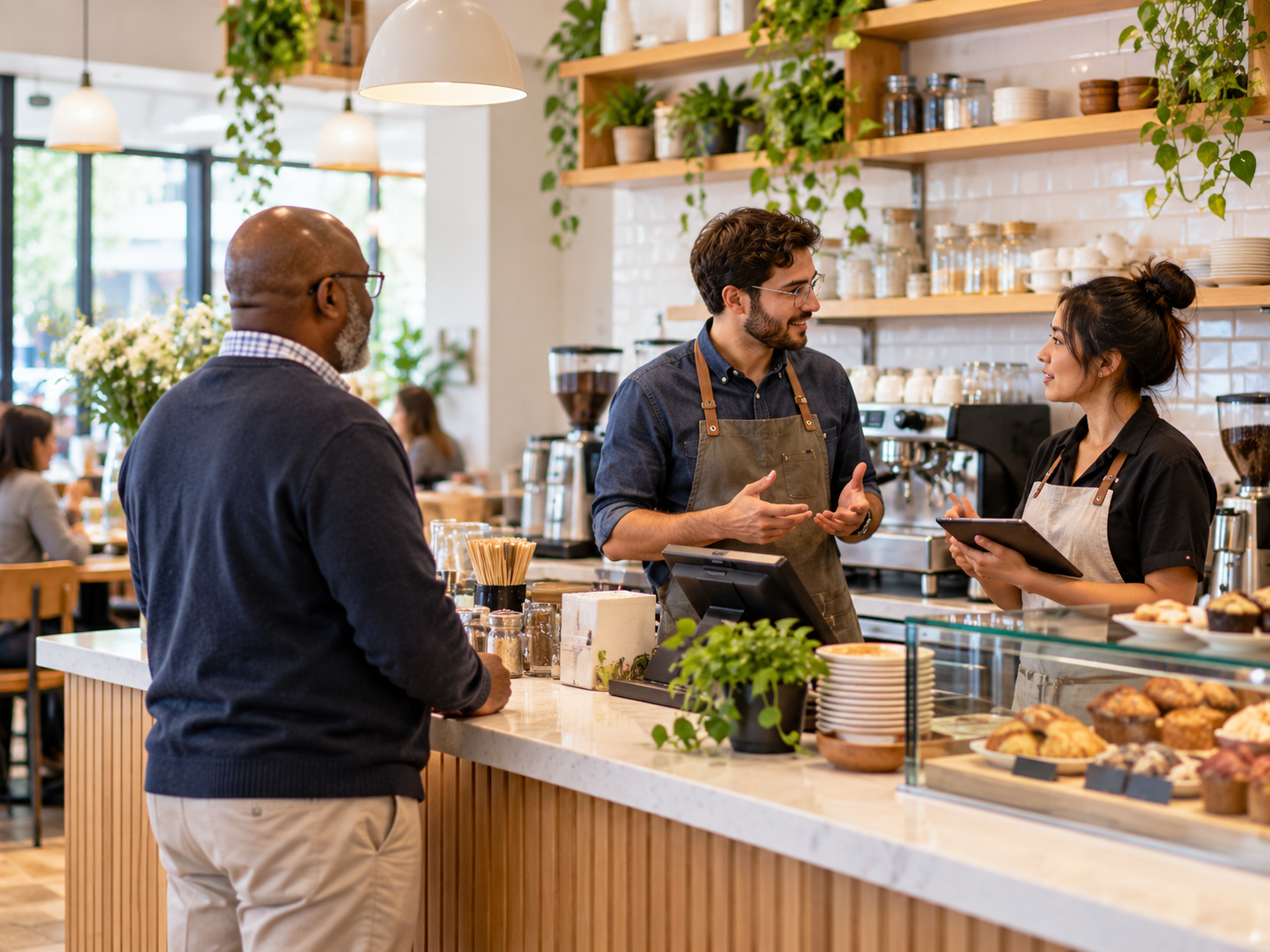 Restaurant counter staff serving customer — AI video analytics for staff activity monitoring