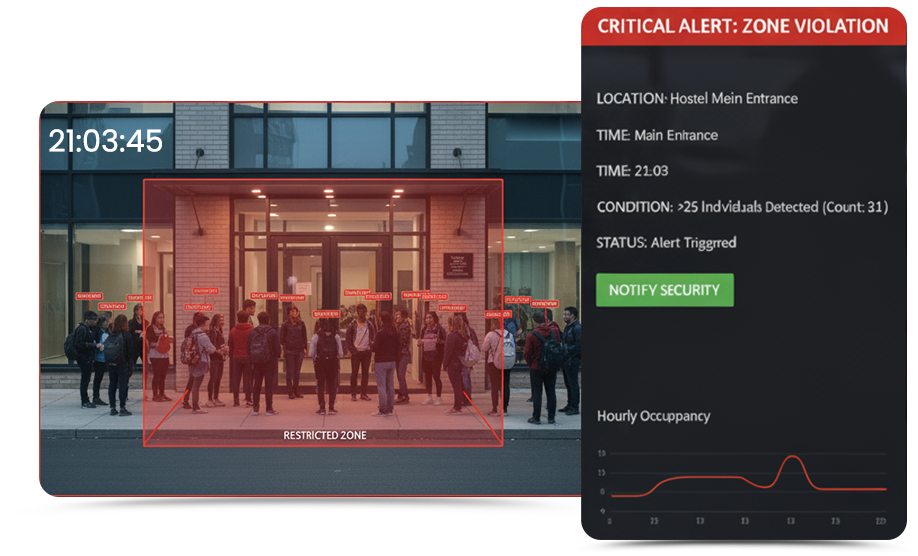 A facial recognition access control system monitoring a RESTRICTED ZONE at a hostel entrance during nighttime. A CRITICAL ALERT: ZONE VIOLATION is triggered as the system detects a crowd exceeding occupancy limits, with a prompt to notify security.