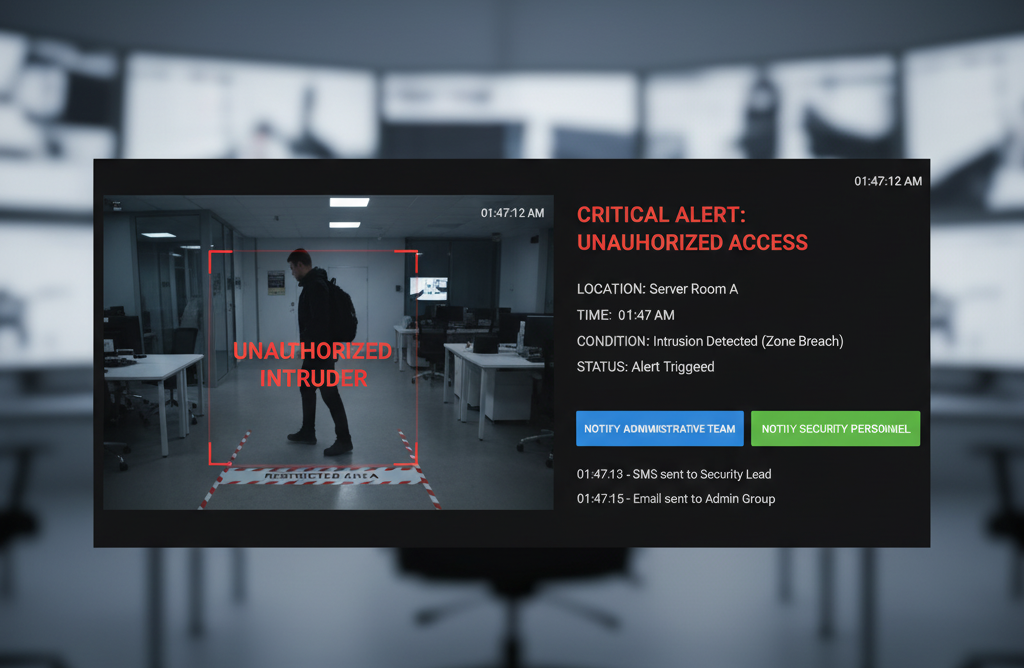 A facial recognition access control system identifying an UNAUTHORIZED INTRUDER in a restricted server room during late-night hours.