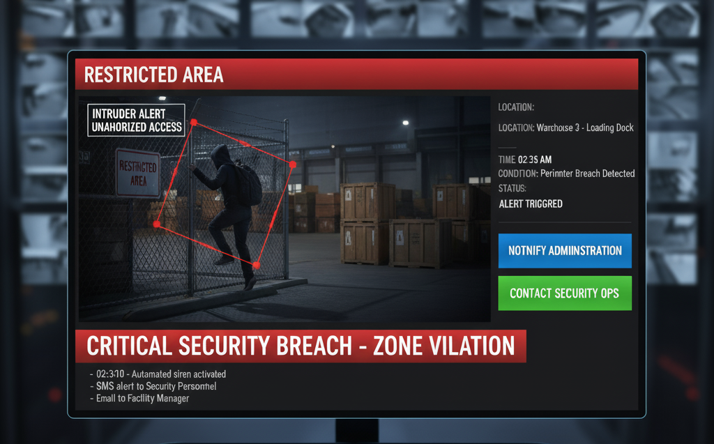 A recognition access control system dashboard displaying a CRITICAL SECURITY BREACH alert for a perimeter violation at a warehouse loading dock.