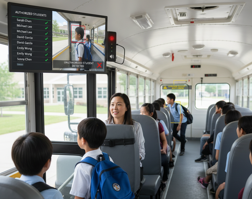 A student recognition access control system inside a school bus monitoring boarding students and flagging an UNAUTHORIZED STUDENT DETECTED alert on a digital screen.